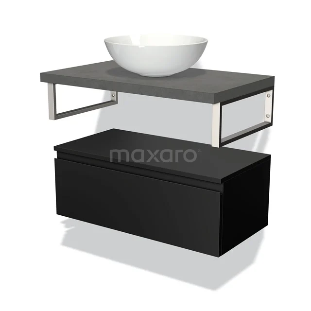 Stylish floating basin set, Black cabinet design with grey shelf and white ceramic bowl, ideal for the modern bathroom.
