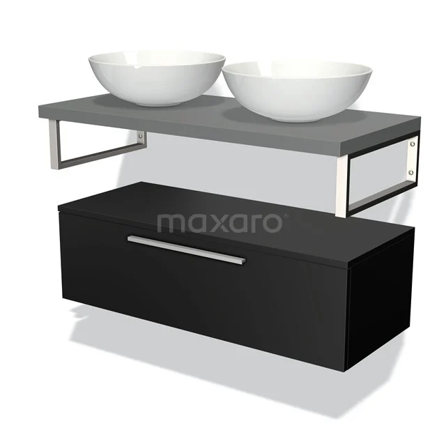 Floating black bathroom unit with grey worktop, double white worktops and chrome details for modern bathroom style.