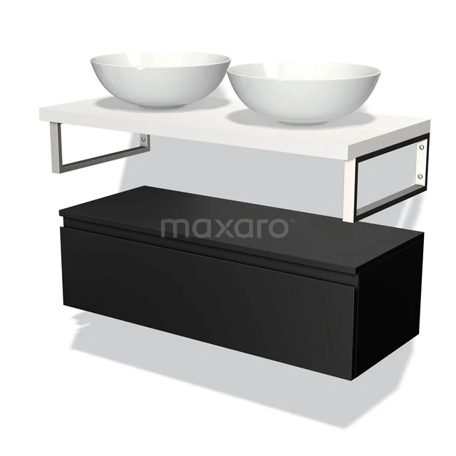 Black bathroom furniture set with floating design, white basin worktops and double round ceramic countertop wash basins.