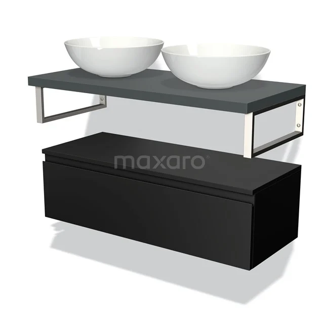 Black bathroom unit with double white vanity units for countertop wash basins, grey stone worktop and sleek design for modern bathrooms.