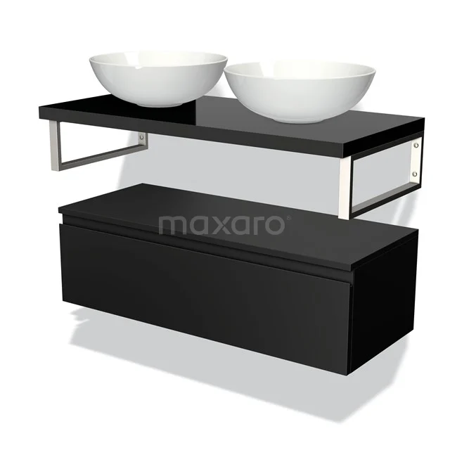 Black bathroom furniture set with floating design, double white ceramic basins and stainless steel accents.