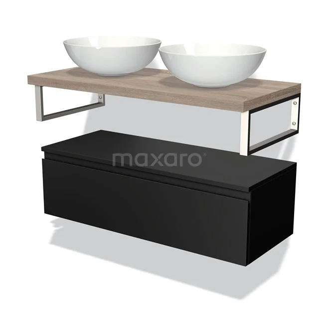 Double vanity unit with black drawers, wooden worktop and white countertop wash basins; modern bathroom unit for stylish decor.