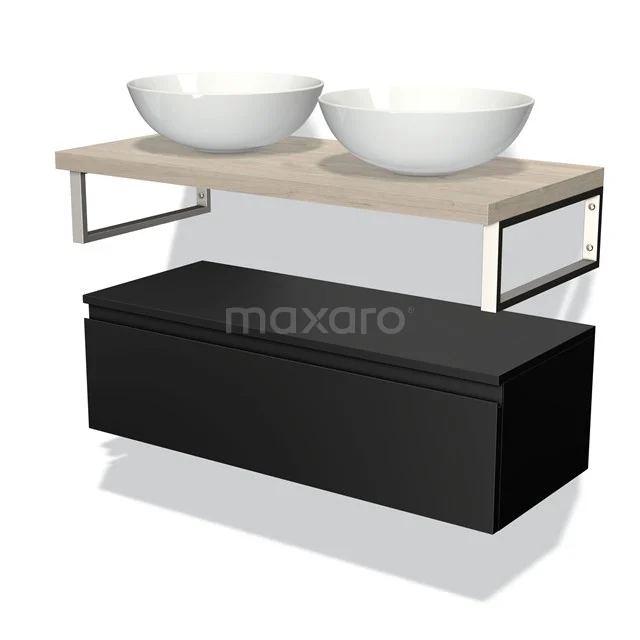 Black bathroom cabinet with oak worktop, two white countertop wash basins and black metal frame, modern design for the bathroom.