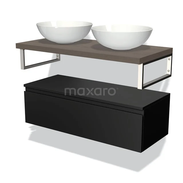 Double washbasin set with black base cabinet and wooden worktop, including countertop basins, perfect for a modern bathroom.