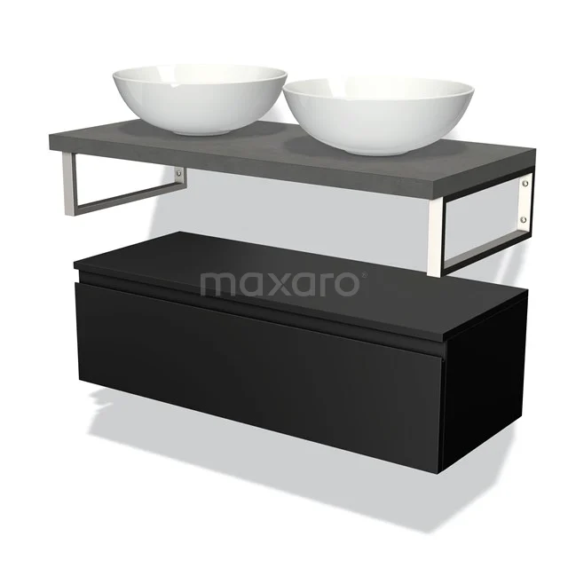 Floating bathroom unit with black drawer, grey drawers and two white countertop wash basins, modern design.
