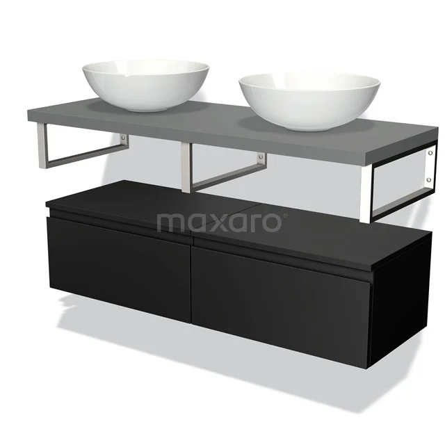 Double washbasin set with black base cabinet, grey worktop and white bowl washbasin, modern design for stylish bathroom design.