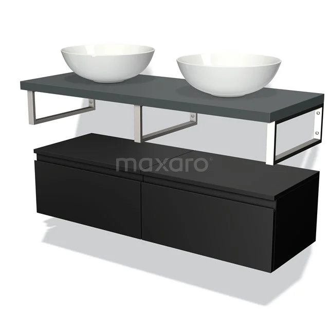 Black suspended bathroom unit with double white countertop wash basins, grey worktop and black metal frame, modern design.