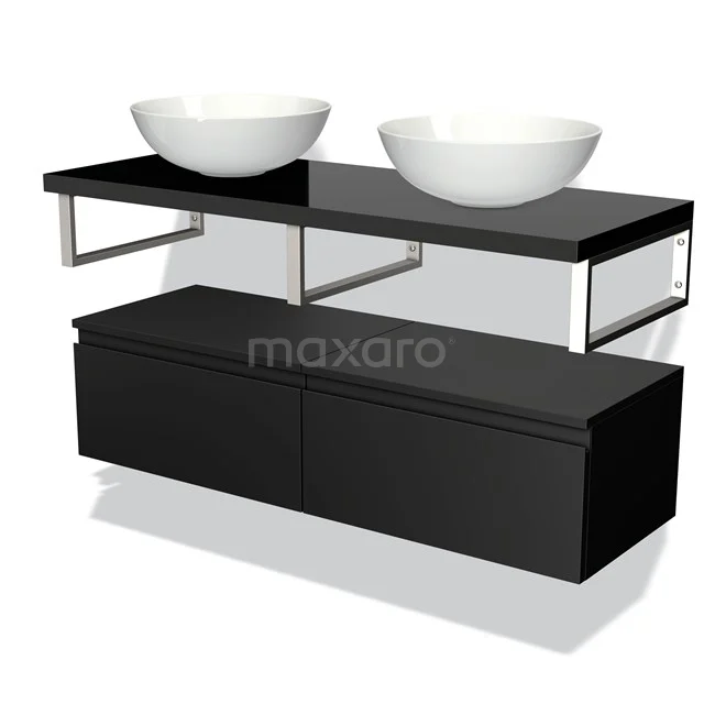 Black bathroom furniture set with double basin bowls, A high-gloss finish and chrome accents, modern design.