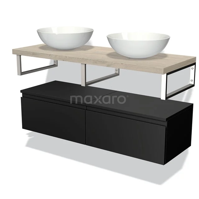 Floating vanity set with black lower cabinet, wooden worktop, metal supports and two white bowl-shaped basins.