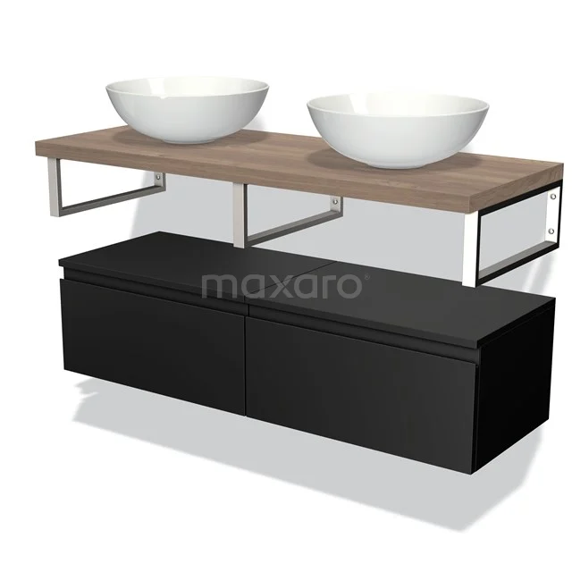 Schwarzes schwebendes Badmöbelset mit doppelten weißen Aufsatzwaschbecken, Holzplatte und metallischen Details, modernes Design.