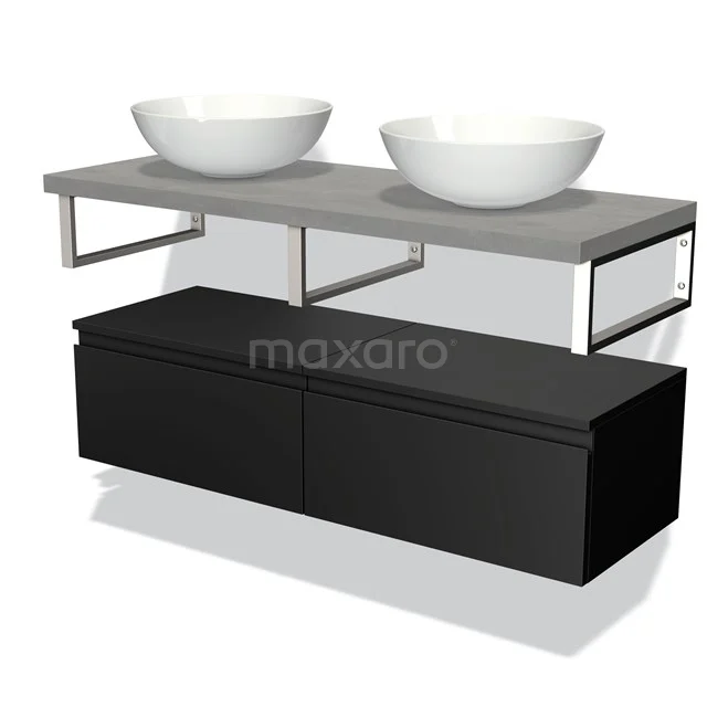 Black and white bathroom unit with double countertop wash basin, concrete worktop and black metal accents, modern design.