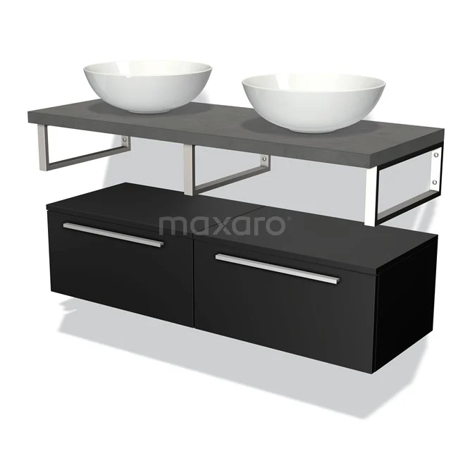 Black bathroom unit with double white countertop wash basins, grey worktop and modern stainless steel details.