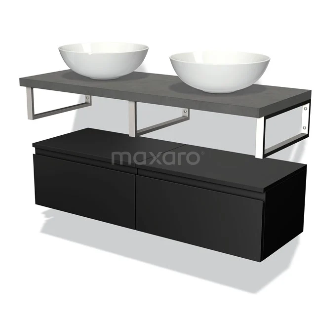 Black bathroom furniture set with two white countertop wash basins, grey stone worktop and metal accents; modern and stylish design.