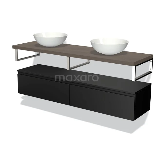 Zwevende zwarte badkamermeubelset met houten blad, witte dubbele waskommen en metalen frame, modern design.