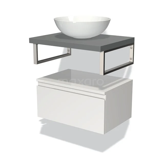 White floating bathroom furniture set with grey worktop, modern basin, and metal accents for a contemporary bathroom style.