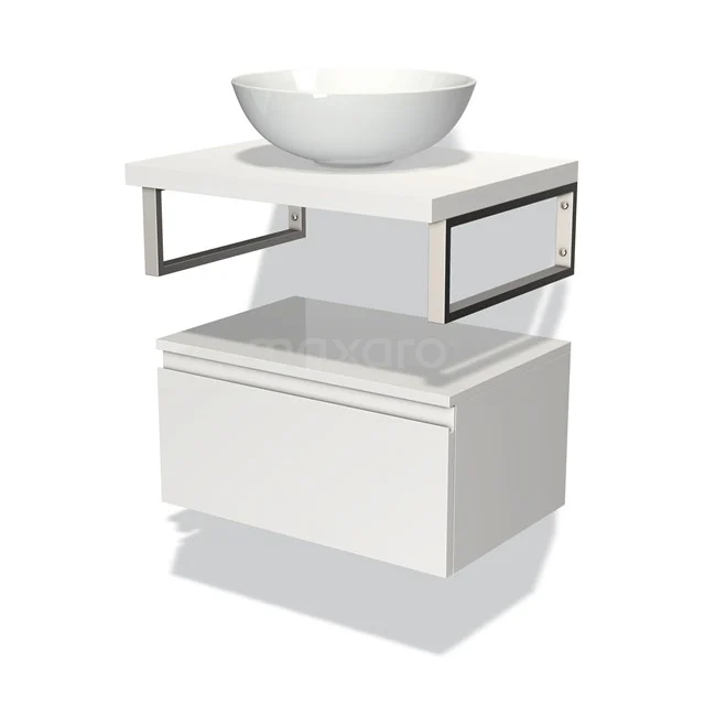 Badmöbel für Waschtischunterschrank mit Konsole 60 cm Modulo Plato Hochglanz Weiß 1 Schublade Grifflos Matt Weiß Platte BMK32-00584 Weißes Badezimmermöbel mit rundem Aufsatzwaschbecken, offenem Metallrahmen und Schublade; modernes Design ideal für stilvolle Badezimmergestaltung.