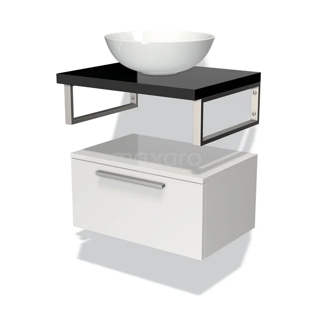 Modern white bathroom unit with black basin worktop and ceramic bowl, perfect for a stylish and functional bathroom.