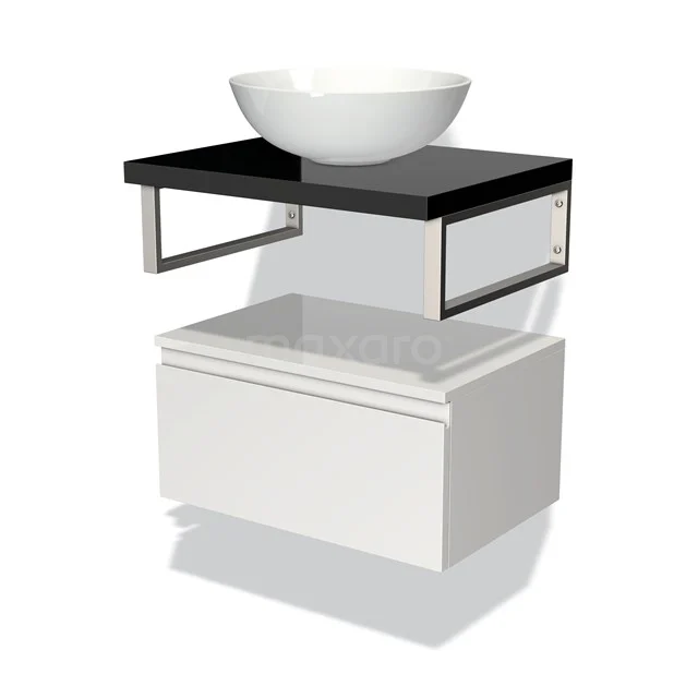 Weiße hängende Waschtischset mit schwarzer Platte, modernes Design, einschließlich runder Aufsatzwaschbecken für stilvolle Badezimmergestaltung.