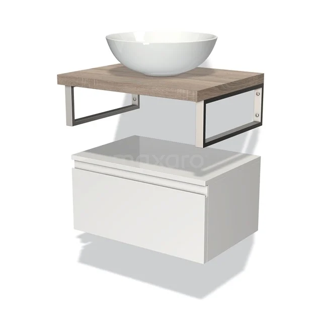 Badmöbel für Waschtischunterschrank mit Konsole 60 cm Modulo Plato Hochglanz Weiß 1 Schublade grifflose Platte aus Eiche BMK32-00590 Modernes Badmöbel mit weißem Unterbau, hölzerner Waschtischplatte und runder Keramikwaschbecken.