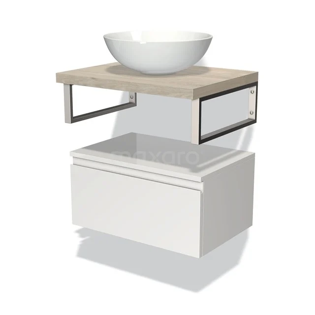 Hölzerne Waschtischplatte mit weißem Aufsatzbecken, schwarzem Metallrahmen und weißem Unterschrank; moderne Badmöbelset.