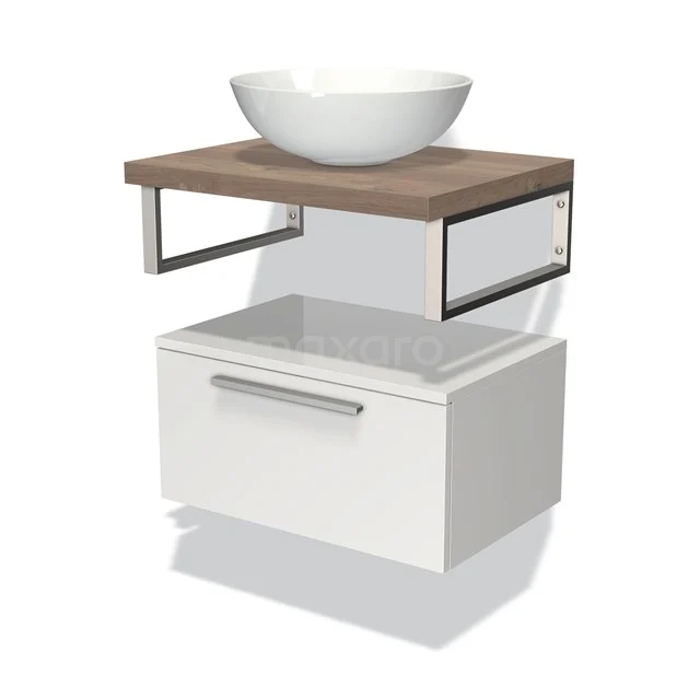 Modern white vanity set with wooden worktop, ceramic countertop wash basin and metal accents, ideal for any stylish bathroom.
