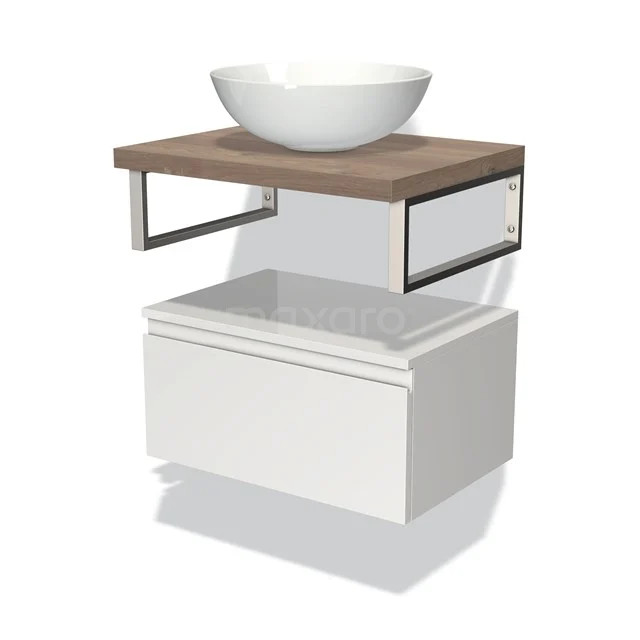 Modulo Plato Badmöbel mit Aufsatzwaschbecken | 60 cm Hochglanz Weiß Grifflos front Mittelbraune Eiche blatt Tief hängend BMK32-00594 Weißes Badmöbel mit Holzregal, keramischem Aufsatzwaschbecken und Metallrahmen, perfekt für eine moderne Badezimmergestaltung.