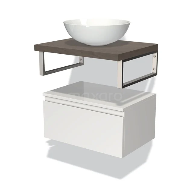 Modulo Plato Badmöbel mit Aufsatzwaschbecken | 60 cm Hochglanz Weiß Grifflos front Dunkelbraune Eiche blatt Tief hängend BMK32-00596 Waschtisch mit moderner weißer Unterkonstruktion, Holzplatte und rundem Aufsatzwaschbecken; stilvolles Badezimmerdesign mit Metallakzenten.