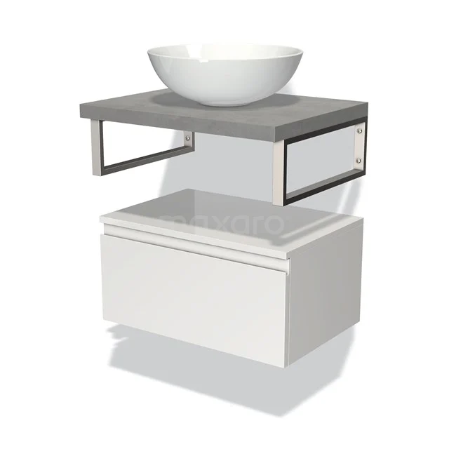 Badmöbel für Waschtischunterschrank mit Konsole 60 cm Modulo Plato Hochglanz Weiß 1 Schublade grifflos hellgrauer Beton Platte BMK32-00598 Weiße Badmöbelset mit Betonlook Waschtischplatte, weißem Schubladenschrank und modernen Metallstützen, ideal für ein stilvolles Badezimmer.