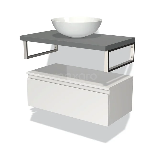 Weißes schwebendes Badmöbel mit grauem Natursteine Platte und runder weißer Aufsatzwaschbecken, modernes Design mit metallischen Akzenten.