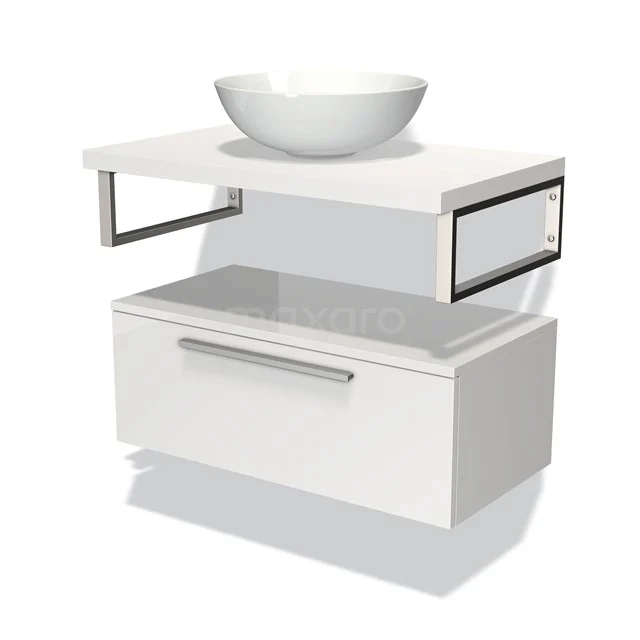 Weißes Waschtischmöbel mit modernem Design, gläsernen Seitenpaneelen und rundem Aufsatzwaschbecken; perfekt für eine luxuriöse Badezimmerausstrahlung.