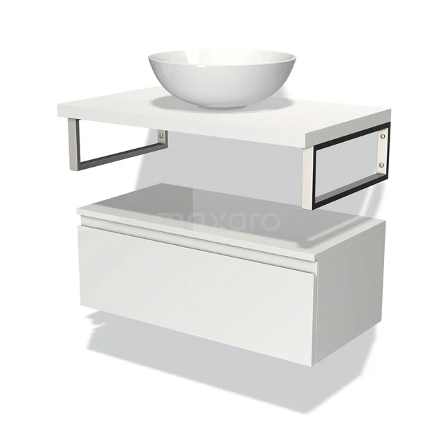 Weißes schwebendes Badmöbel mit Schublade, modernes Design Waschbecken und metallischen Akzenten, ideal für ein stilvolles Badezimmer.