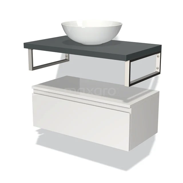 Weißes Badezimmermöbel mit grauer Waschtischplatte, runder weißer Aufsatzwaschbecken und metallischen Akzenten, modernes Design.