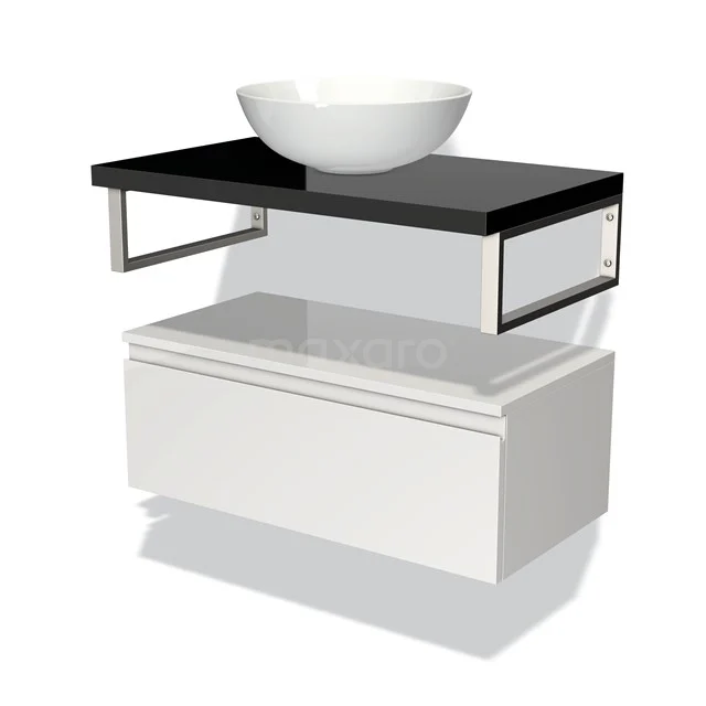 Badmöbel für Waschtischunterschrank mit Konsole 80 cm Modulo Plato Hochglanz Weiß 1 Schublade Grifflos Hochglanz Schwarz Platte BMK32-00608 Weißes Badmöbel mit schwarzer Glas-Waschtischplatte und rundem Aufsatzwaschbecken, modernes Design für stilvolle Badezimmergestaltung.