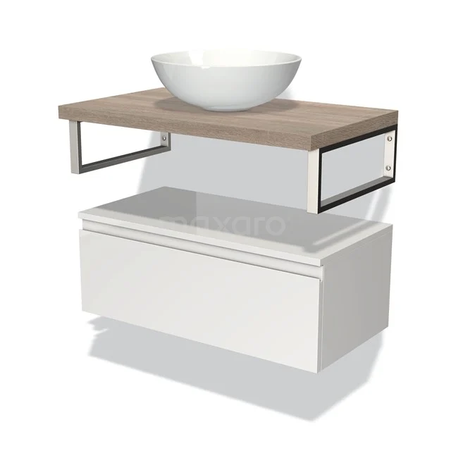 Modern badkamermeubel met witte wastafel, houten blad en opberglade, strak design met metalen steunen.