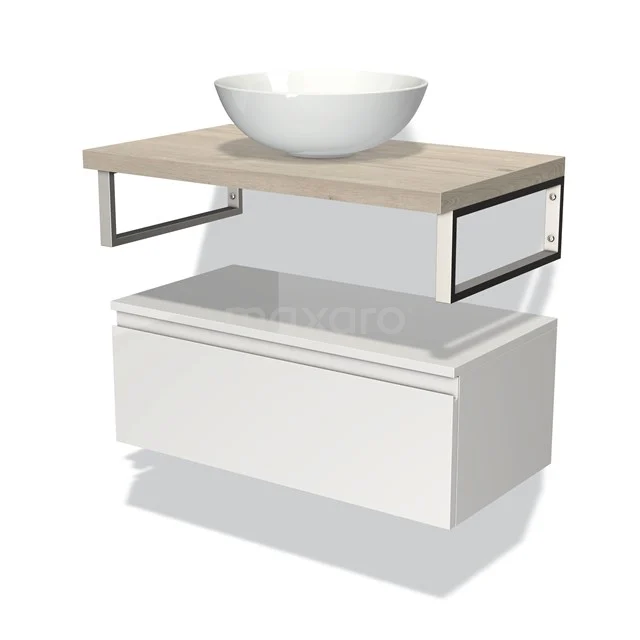 Modernes Badmöbel mit weißem komförmigen Waschbecken, Holzplatte und weißem Unterschrank aus der minimalistischen Designserie.