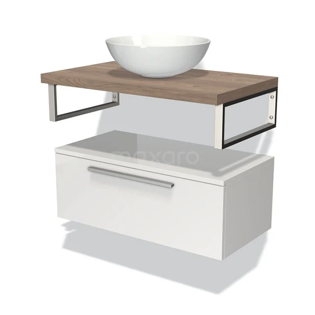 White bathroom unit with drawer, wooden drawers and round ceramic countertop wash basin worktop; modern design with black metal accents.