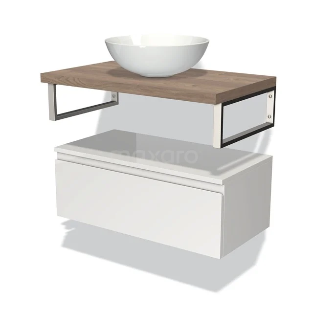 Badmöbel für Aufsatzwaschbecken 80 cm Modulo Plato Hochglanz Weiß 1 Schublade Grifflos Mittelbraune Eiche Platte BMK32-00614 Weißes Badezimmermöbel mit Holzplatte, stilvolles Aufba Waschbecken und metallische Akzente, ideal für moderne Badezimmerinterieurs.