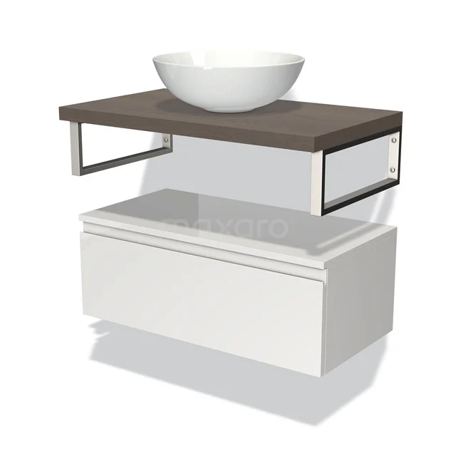 Wit badkamermeubel met houtlook wastafelblad, chromen steunen en ronde keramische opzetwaskom, modern design.