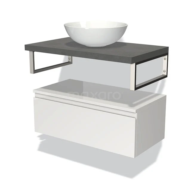 Weißes schwebendes Badmöbel mit grauer Platte, chromatischen Akzenten und modernem runden Aufsatzwaschbecken für eine stilvolle Badezimmer Einrichtung.