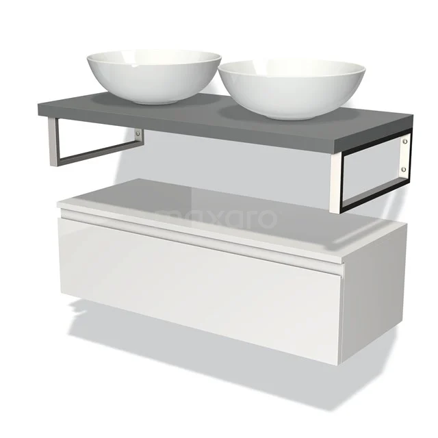 Badmöbel für Waschtischunterschrank mit Konsole 100 cm Modulo Plato Hochglanz Weiß 1 Schublade Grifflos Mittelgrau Platte BMK32-00622 Weißes Badezimmermöbel mit Doppelwaschbecken, graue Platte und modernem Metallrahmen; stilvoll und funktional für jedes Badezimmer.