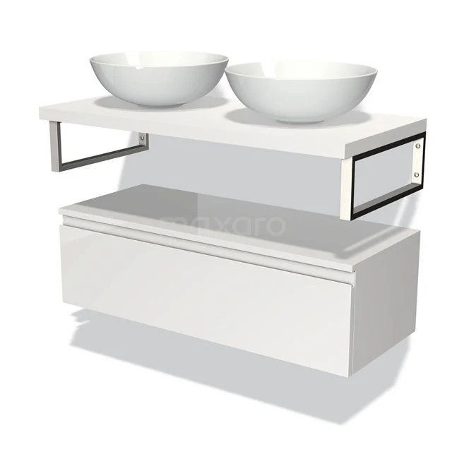 Modulo Plato Badmöbel mit Aufsatzwaschbecken | 100 cm Hochglanz Weiß Grifflos front Matt Weiß blatt Tief hängend BMK32-00624 Weißes Badmöbel mit Doppelwaschbecken, modernes schwebendes Design, poliertes Material, ideal für stilvolle Badezimmergestaltung.