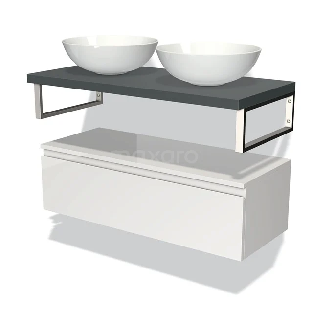 Wit zwevend badkamermeubel met dubbele zwarte wastafelblad en ronde waskommen, modern design.