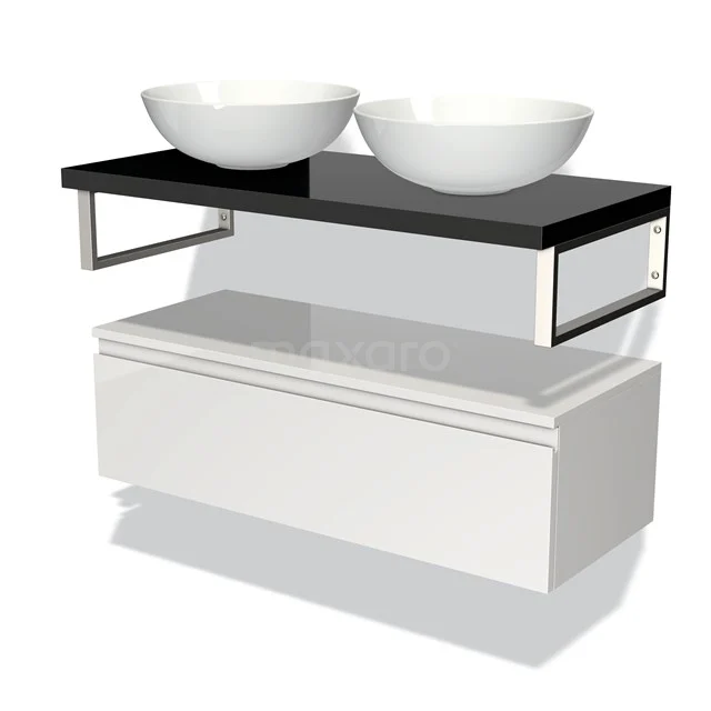 Weißes Badezimmermöbel mit schwarzer Platte, doppelten runden Aufsatzwaschbecken und chromatischen Details; modernes Design aus hochwertigem Material.