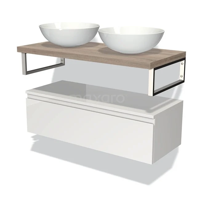 Wit badmeubel met houten blad, twee opbouwwasbakken en zwart metalen steunen; stijlvol design voor een moderne badkamer.
