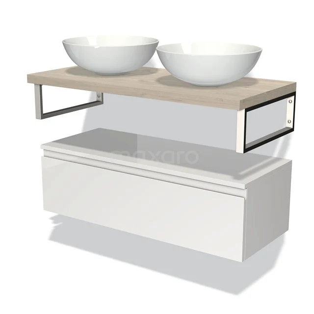 Weißes Badezimmermöbel mit doppeltem Aufsatzwaschbecken, Holzplatte und Metallrahmen; modernes Design für ein stilvolles Badezimmer.