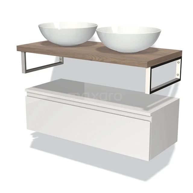 Weißes Holz-Badmöbel mit doppeltem Aufsatzwaschbecken und metallischen Akzenten, ideal für einen modernen Badezimmerstil.