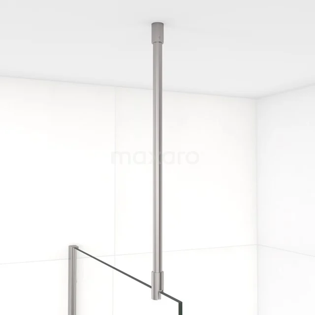 Verstellbare Deckenstütze aus gebürstetem Edelstahl für eine Duschwand, ideal für moderne Badezimmerlayouts.