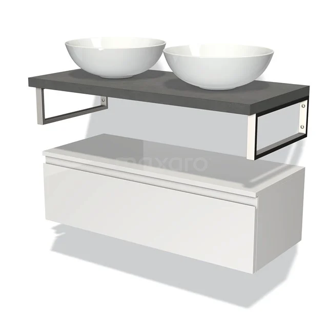 Badmöbel für Aufsatzwaschbecken 100 cm Modulo Plato Hochglanz Weiß 1 Schublade Grifflos Dunkelgrau Beton Platte BMK32-00640 Weißes Badezimmermöbel mit Doppelwaschbecken, grauer Holzplatte und Metallrahmen, ideal für moderne Badezimmergestaltung.