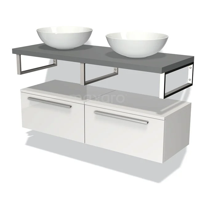 White floating bathroom unit with grey worktop, two round countertop wash basins and modern chrome handles for a stylish bathroom.