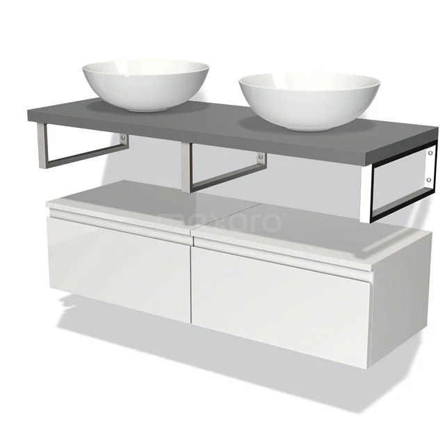 Moderne badmeubelset met witte onderkasten, grijze wastafelblad en dubbele ronde waskommen, ideaal voor een stijlvolle badkamer.